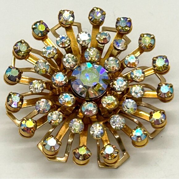 Vintage Aurora Borealis Brooch Gold-Tone Rivet Set 1960s Starburst Atomic 2 inch - Picture 5 of 14
